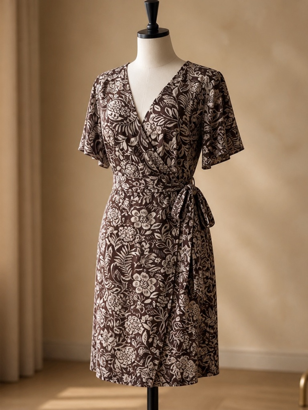 Japna Brown and Cream Floral Wrap Dress with Side Tie